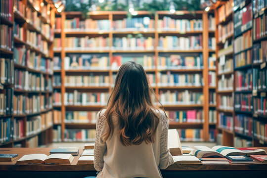 conceptual picture World Book Day people reading book in big large library