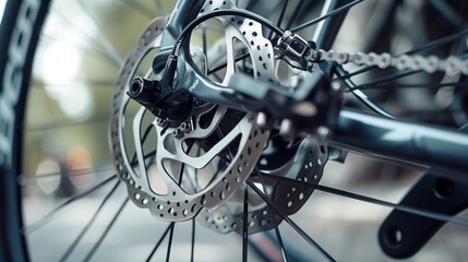 Part of the bicycle's braking system. Grey metal brake disc and brake pads on road bike, close up.  - obrazy, fototapety, plakaty