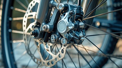 Part of the bicycle's braking system. Grey metal brake disc and brake pads on road bike, close up. 