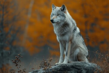 Fototapeta premium A majestic red wolf perches on a rocky outcrop, its snout raised to the wind as it surveys its wild, untamed domain