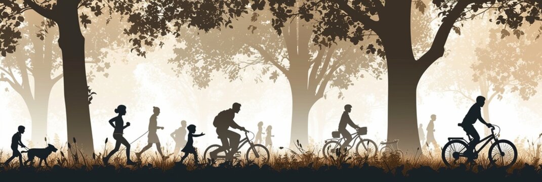 Scene of silhouette people in park or outdoor setting exercising enjoying nature. Family are walking dog. Runners running or jogging. Cyclists cycling bikes or bicycles and children playing ball game 