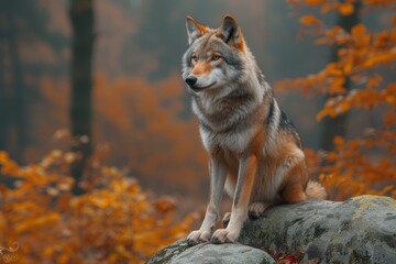 Fototapeta premium Amidst the autumn landscape, a majestic canis stands upon a rocky throne, its keen gaze surveying the wilderness with a sense of wild grace and untamed freedom