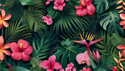 Fotobehang Tropical floral seamless pattern background with exotic flowers, palm leaves, jungle leaf, orchid © Nob