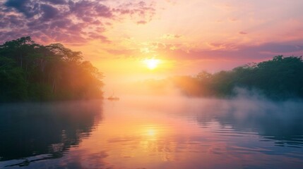 majestic amazon river in a foggy sunrise - obrazy, fototapety, plakaty