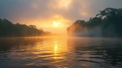 Naklejka premium majestic amazon river in a sunrise with beautiful fog