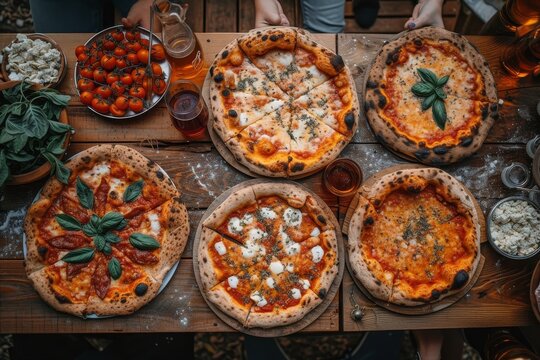 An inviting display of savory fast food favorites, with a mouthwatering spread of traditional italian pizzas topped with delectable ingredients, presented on a rustic indoor table by a skilled baker
