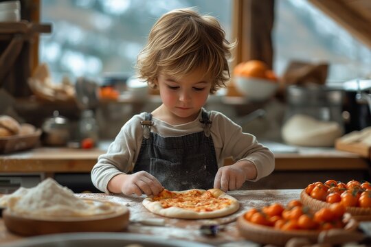 A young boy eagerly prepares a delicious pizza in the comfort of his kitchen, showcasing his culinary skills and love for food