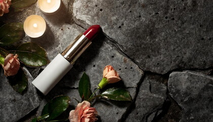 Lipstick gloss mockup on grange stone background, cosmetic mock up - obrazy, fototapety, plakaty