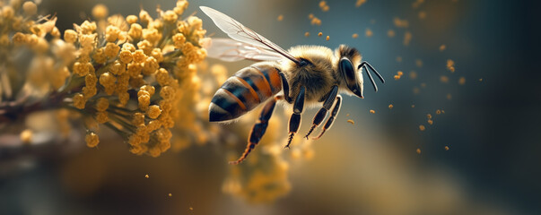 bee on flower macro photo, yellow color - obrazy, fototapety, plakaty