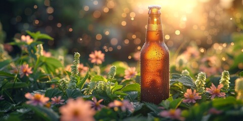 Craft Beer Bliss: A Chilled Bottle Amidst the Hops Field Basking in the Warmth of the Golden Hour Sunlight, Generative AI