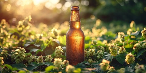 Craft Beer Bliss: A Chilled Bottle Amidst the Hops Field Basking in the Warmth of the Golden Hour Sunlight, Generative AI