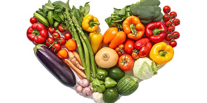 The concept of healthy eating as a healthy and happy life, heart and brain, fresh vegetables and fruits, background.