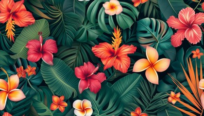 Tropical floral seamless pattern background with exotic flowers, palm leaves, jungle leaf, orchid