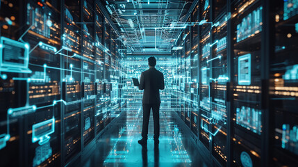 Fototapeta premium Silhouette of businessman in futuristic server room. 3D rendering