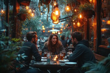 Amidst the bustling city street, a group of stylishly dressed individuals enjoy a night of laughter and conversation over drinks at an outdoor restaurant, their faces illuminated by the warm glow of  - obrazy, fototapety, plakaty