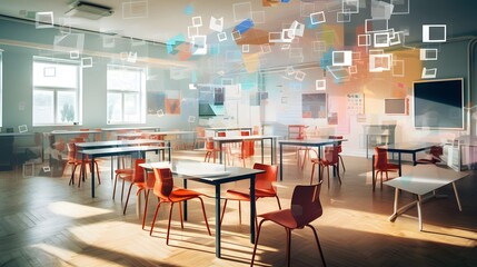 Generative ai picture collage of classroom interior with school desks chair for teaching learning students