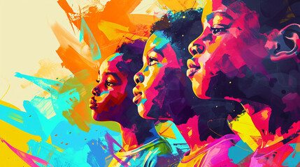 Group of African American people silhouettes. Abstract colorful background. Vector illustration. Beautiful african american face on colorful background. 