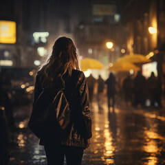 Obraz premium Woman standing in the rain with the blurred city behind her, wearing a raincoat and a backpack 