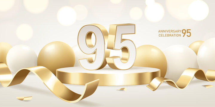 95th Anniversary celebration background. Golden 3D numbers on round podium with golden ribbons and balloons with bokeh lights in background.