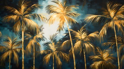 Papier Peint photo Mur chinois Golden and dark blue and teal palm trees painting . Great for wall art and home decor.