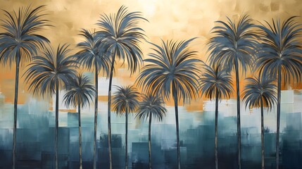 Fototapeta na wymiar Golden and dark blue and teal palm trees painting . Great for wall art and home decor.