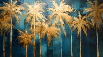 Photo sur Plexiglas Mur chinois Golden and dark blue and teal palm trees painting . Great for wall art and home decor.