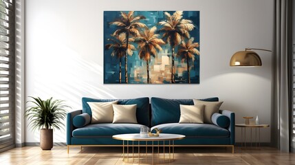 Golden and dark blue and teal palm trees painting . Great for wall art and home decor.