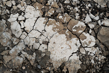 Cracked broken arid soil background. Clay cement dark gray brown soil in cracks texture