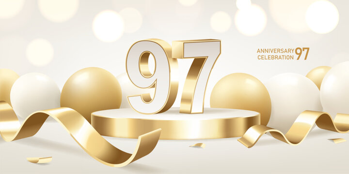 97th Anniversary celebration background. Golden 3D numbers on round podium with golden ribbons and balloons with bokeh lights in background.