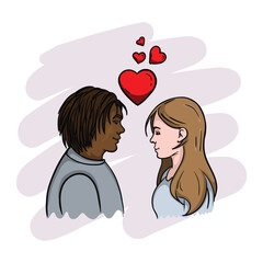 Dark-skinned guy and white girl in love want to kiss