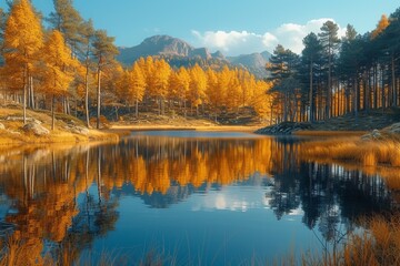 A serene autumnal oasis, nestled within the untamed wilderness, where larch trees reflect the vibrant sky above and mountains stand tall in the distance