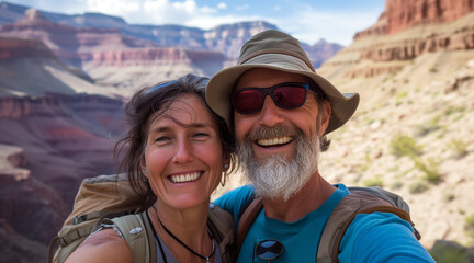 portrait, selfie of a couple in Grand Canyon National Park, Arizona. Nankoweap Canyon. travel concept. vacations