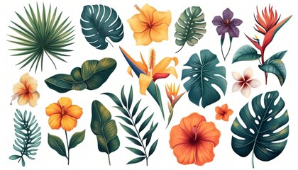 Tropical flowers, palm leaves, jungle leaf, bird of paradise flower, isolated on white background - obrazy, fototapety, plakaty