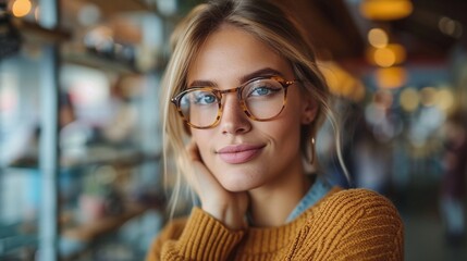 Portrait of a customer choosing, buying and shopping for frames for better vision and eyesight.generative ai