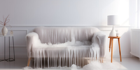 Glacial frozen sofa standing in a cold room. Lack of heating.