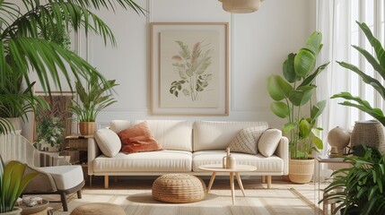 Boho cozy living room design, bright wall mockup, 3d render