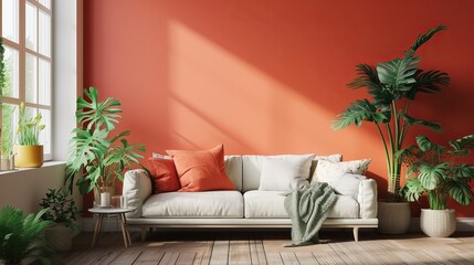 Boho cozy living room design, bright wall mockup, 3d render