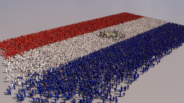 Aerial view of a Crowd of People, coming together to form the Flag of Paraguay. Paraguayan Banner on White Background.