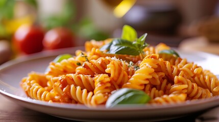 Italian-style cuisine featuring spiral-shaped fusilli pasta served with tomato sauce - obrazy, fototapety, plakaty
