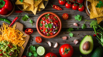  food, salsa, dip, sauce, background, cheese, avocado, guacamole, nachos, above, chili, tomato, ethnic, green, cuisine, eating, traditional, vegetable, corn, garlic, dinner, meal, snack 
