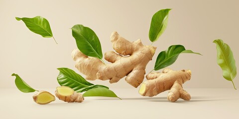 Flying fresh ginger root and leaves on a gently pale background, healthy food, a source of vitamins, wallpaper.