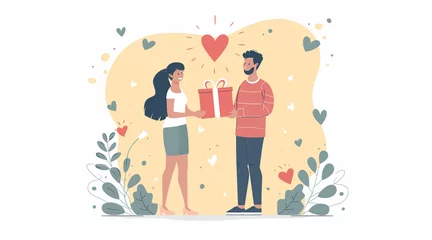 Fotobehang Young couple celebrating their special date. Woman giving present to her boyfriend on anniversary or St Valentines Day. Happy man thanking his girlfriend for cute Valentine gift © MariaJos