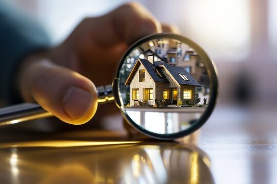 Generative AI image of A person holding a magnifying glass with a house inside, symbolizing the search for the perfect real estate