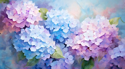 Impressionist style hydrangea flowers painting style. Beutiful light blue and light purple Hydrangea flowers in full bloom, in the garden.