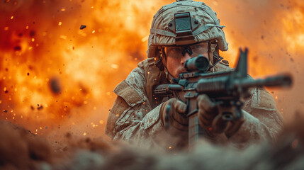 Soldier sniper with his weapon, military, war concept