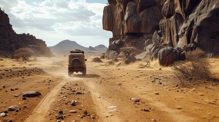 Safari and travel to Africa, extreme adventures or science expedition in a stone desert 