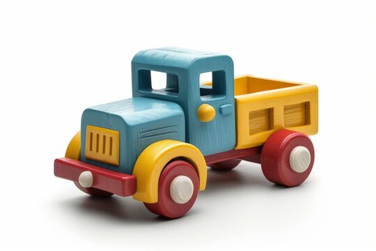 Colorful wooden toy truck isolated on a white background. Side view. Cartoonish fantastic childrens car. Concept of kids toys, playful designs, transport-themed playthings, and bright colors.