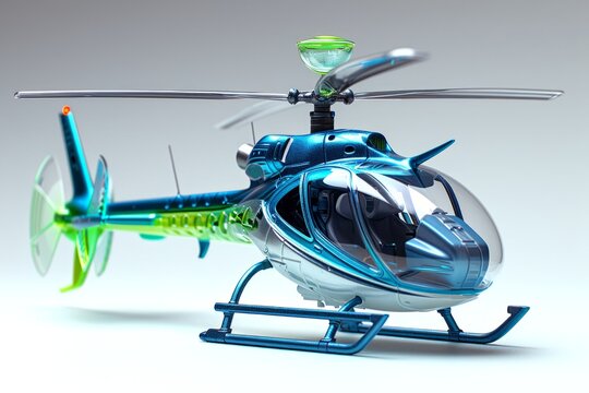Futuristic green blue toy helicopter isolated on a white background. Concept of kids friendly toys, aviation playthings, playful designs, and bright colors