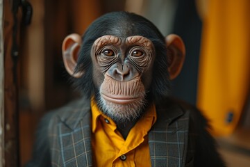 A sophisticated primate, a chimpanzee donning a sleek suit, exudes intelligence and charm amidst its wrinkled features, standing proudly indoors as a distinguished ape