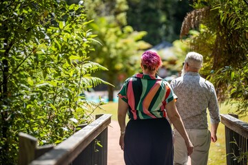 mature hipster couple hiking in the bush in australia
